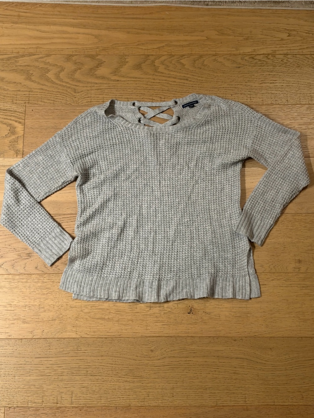 American Eagle Gray Waffle Knit Lace Up Pullover Sweater XL